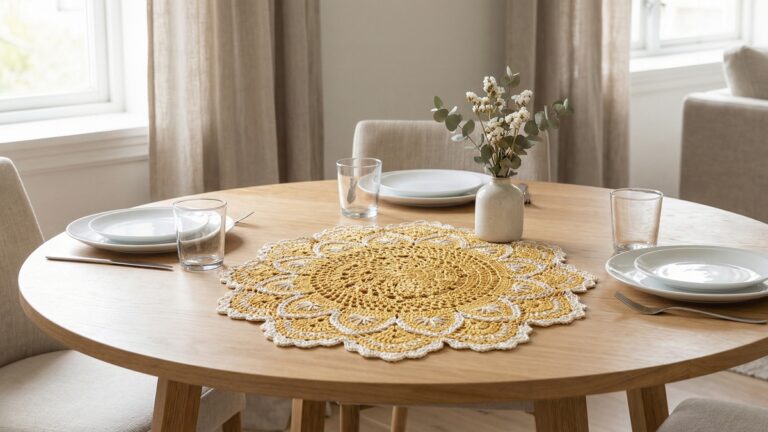 Mesa de jantar com centro de mesa em croche amarelo com detalhes elegantes, pratos brancos e arranjo floral