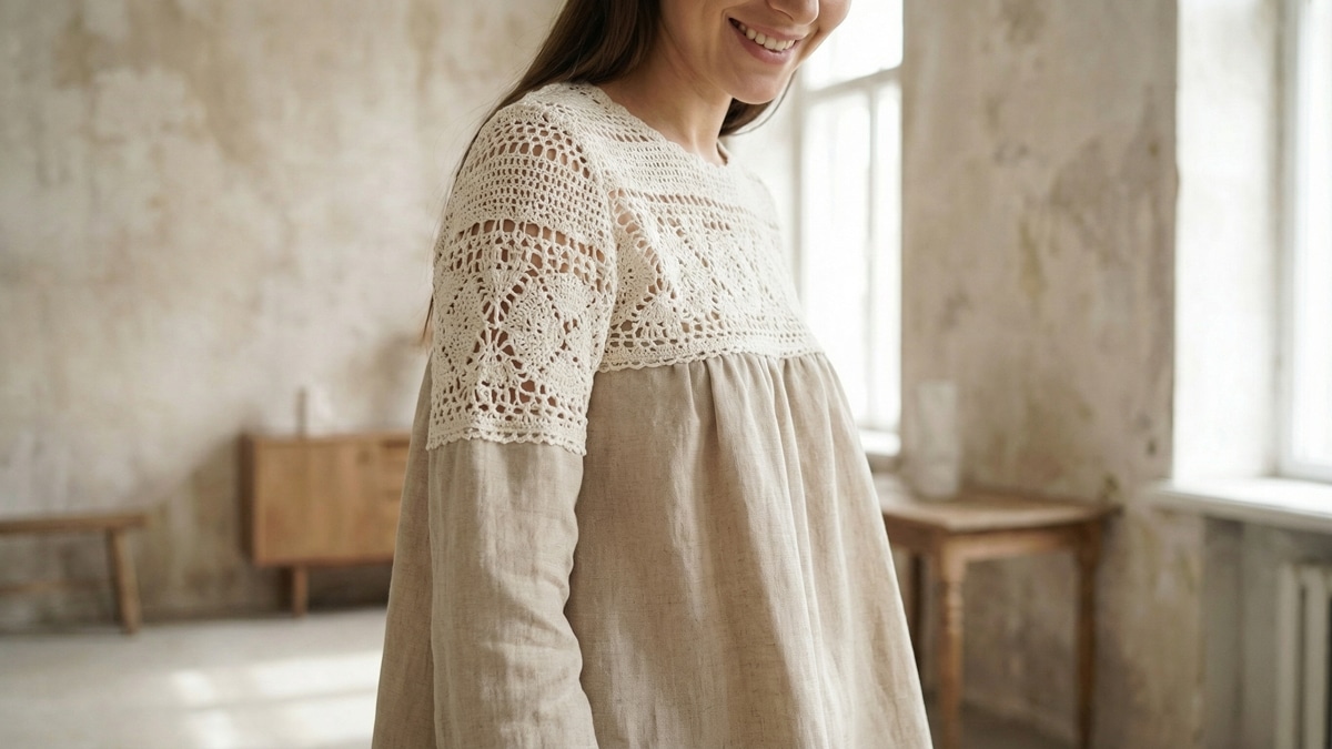 Mulher sorridente usando blusa elegante de croche combinada com linho em tons off-white e bege
