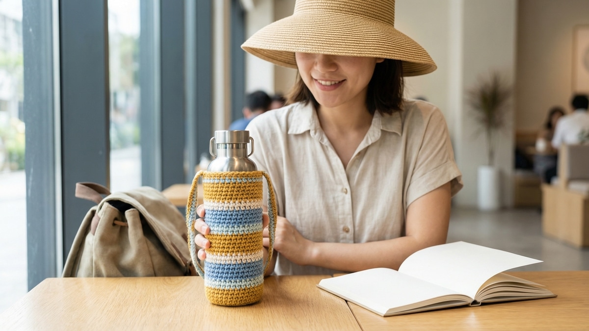 Mulher sorridente com porta garrafa de croche colorido envolvendo garrafa termica sobre mesa de madeira com mochila e livro ao lado