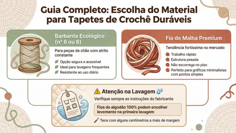 Infografico em portugues sobre escolha de materiais para tapetes de croche duraveis com secoes sobre barbante ecologico e fio de malha premium