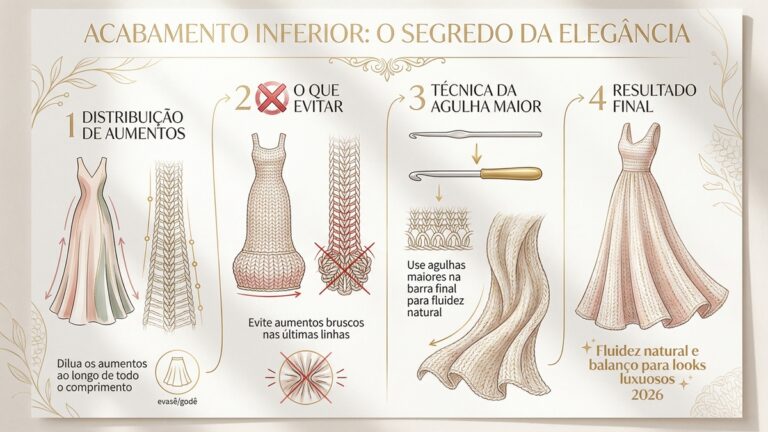 Infografico educativo sobre tecnicas de acabamento inferior em vestidos de croche, mostrando distribuicao de aumentos, tecnica da agulha maior e resultado final com fluidez