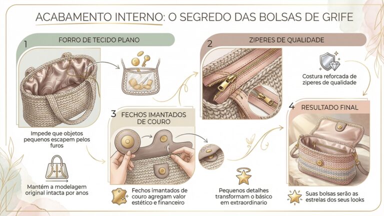 Infografico educativo sobre acabamento interno de bolsas de croche, mostrando forro de tecido, ziperes de qualidade, fechos imantados e resultado profissional