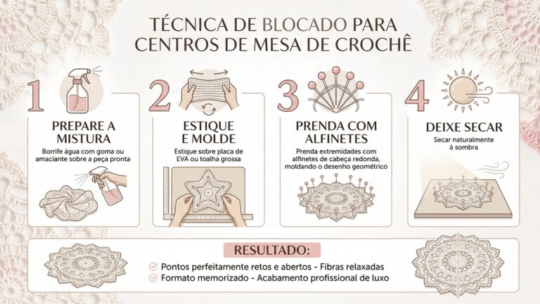 Infografico educativo sobre tecnica de blocado para centros de mesa de croche com 4 passos ilustrados e resultado final em design moderno