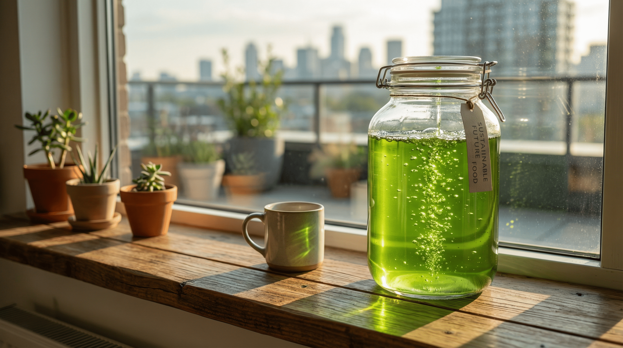 Cultivo doméstico de microalgas ricas em proteína em recipiente no parapeito da janela iluminado pelo sol