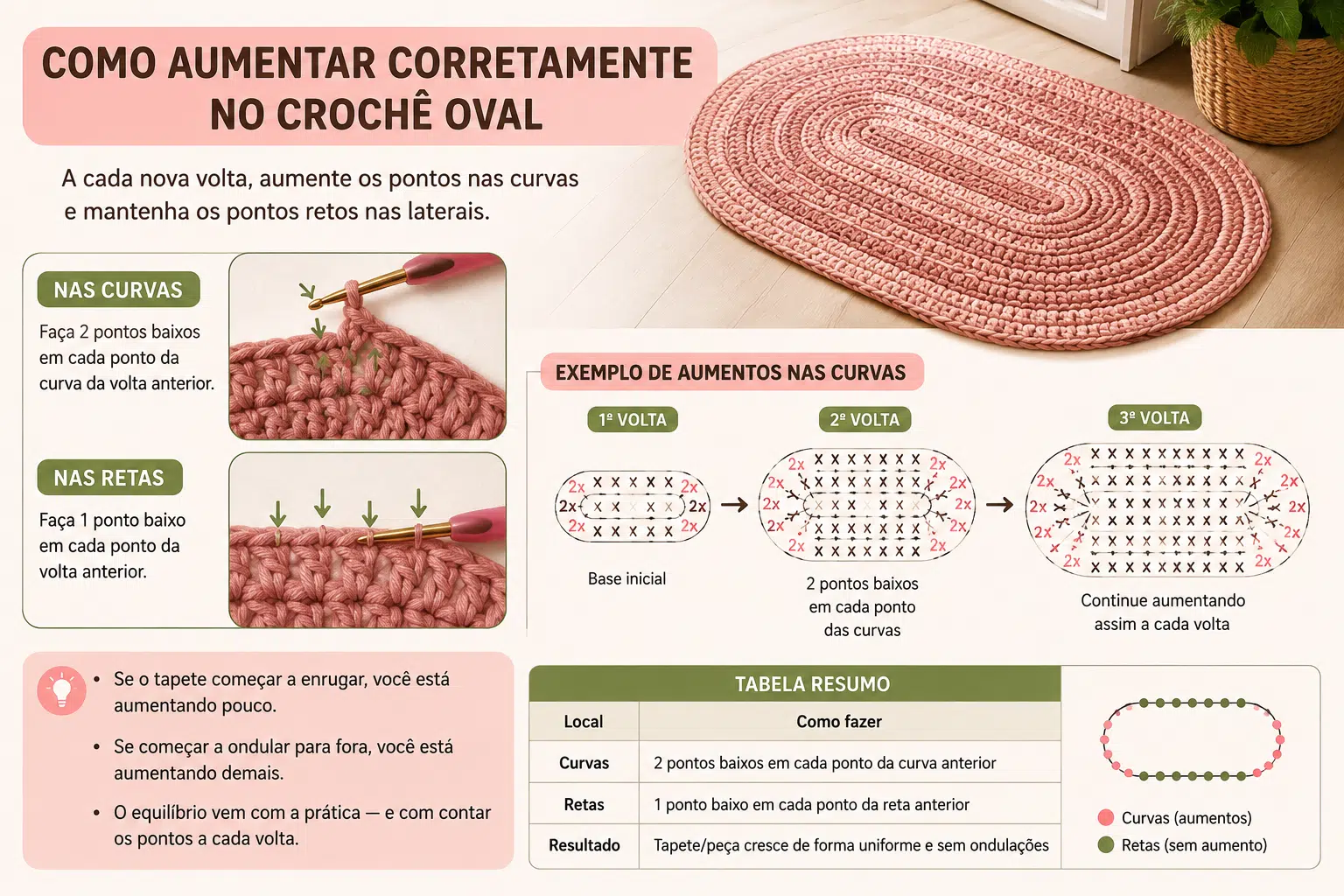 Infográfico ilustrativo ensina a distribuir os aumentos no crochê oval, mostrando a diferença entre curvas e retas e como identificar quando a peça está recebendo pontos demais ou de menos.