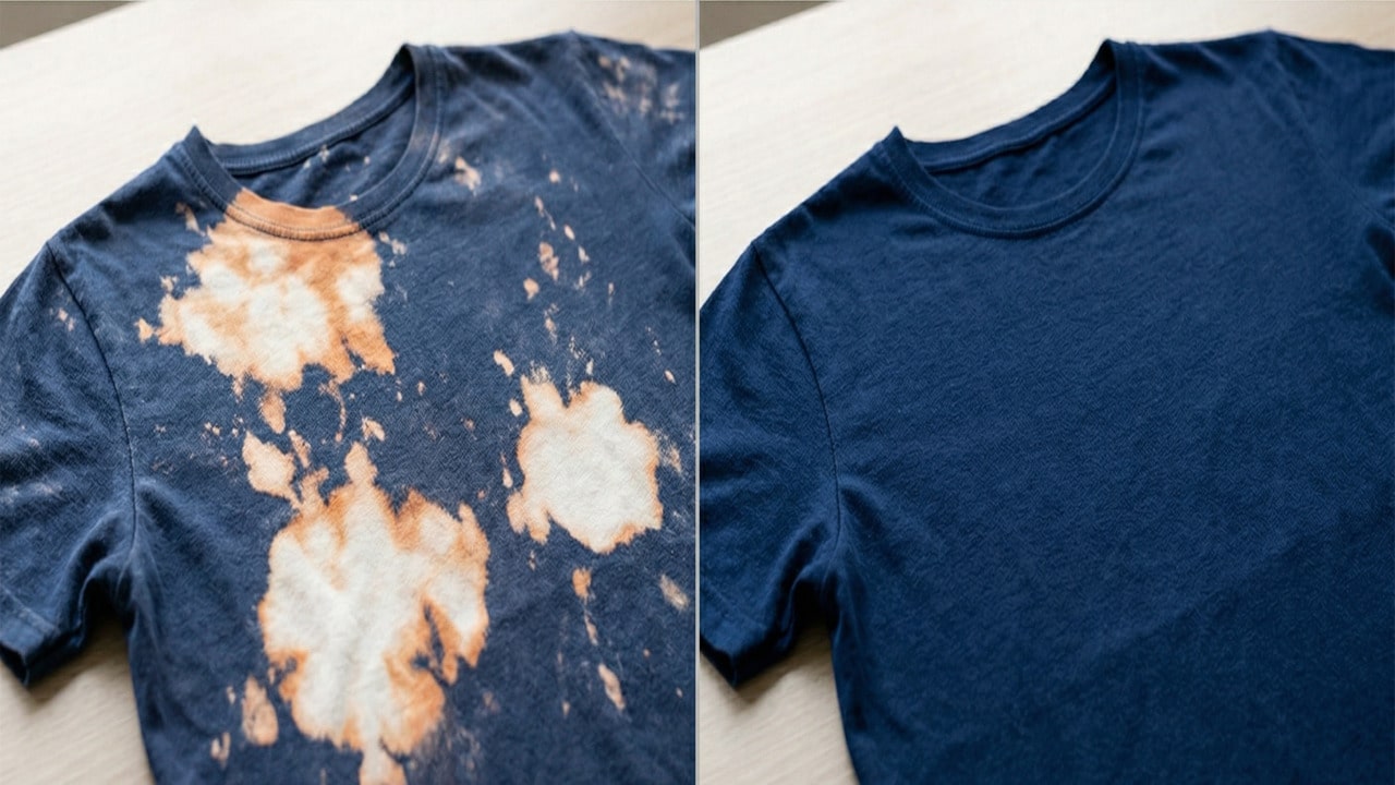 Antes e depois de roupa manchada com água sanitária