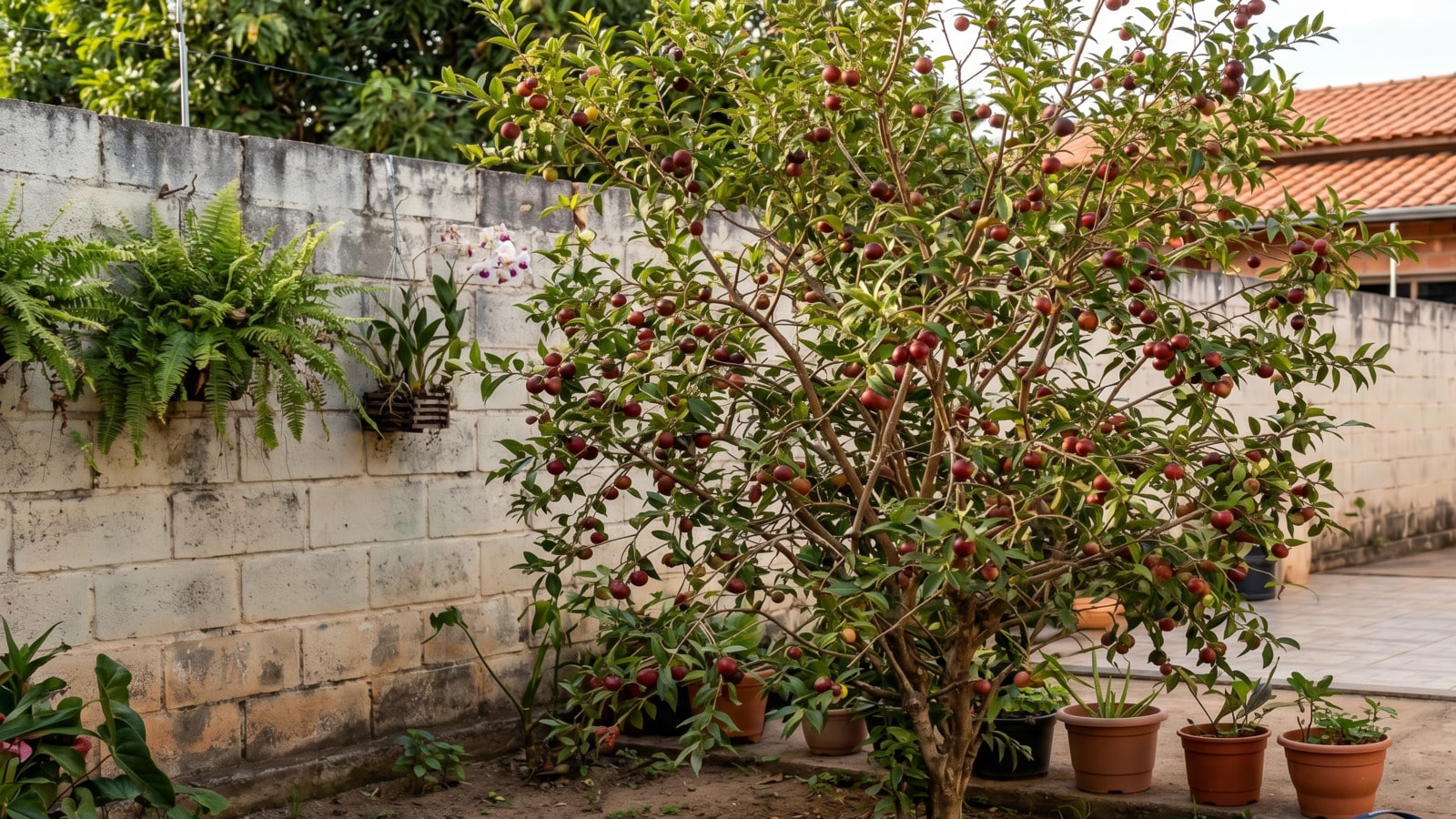 Árvore camu-camu no quintal de casa com frutos