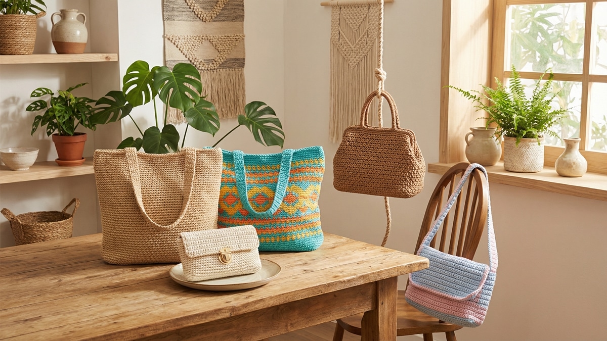 Cinco modelos diversos de bolsas de croche em cores e estilos variados, dispostas em ambiente com decoracao brasileira artesanal e luz natural