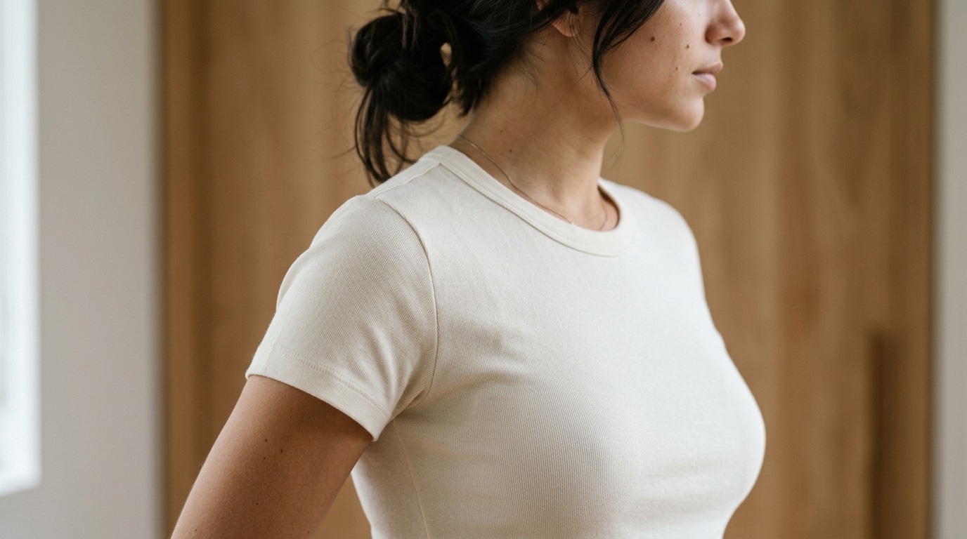 Mulher com camiseta ajustada ao corpo