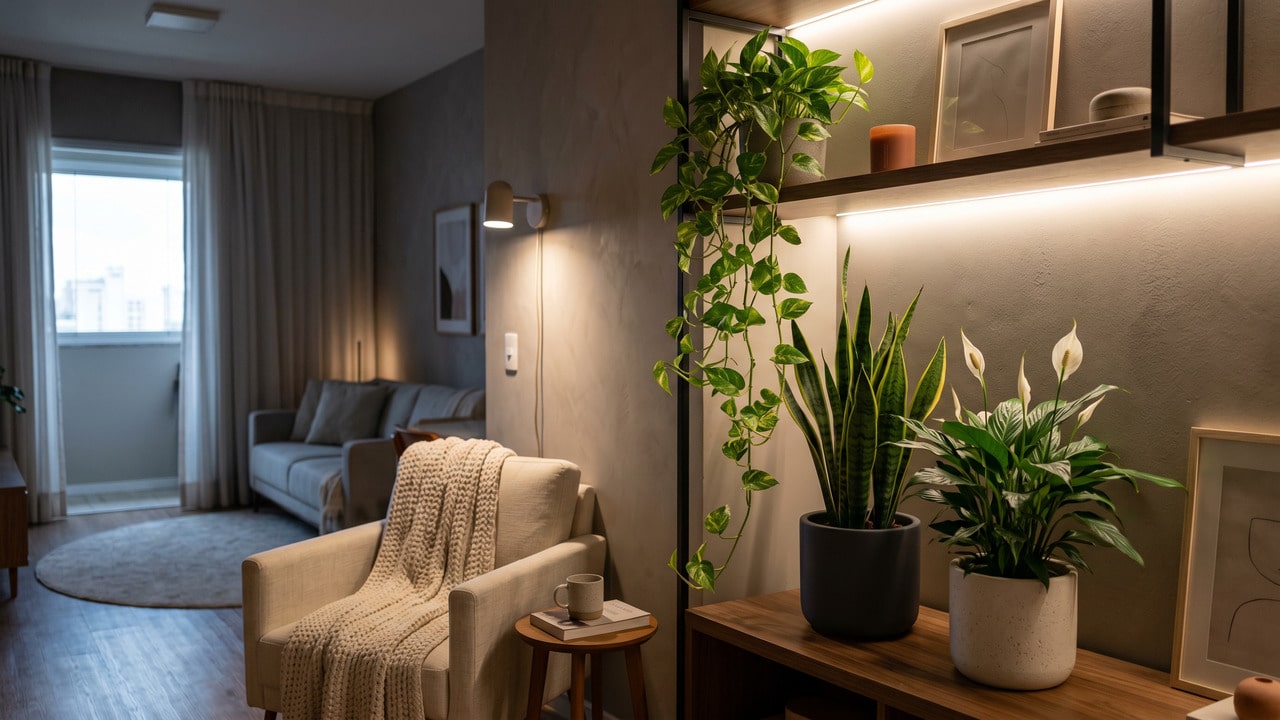 Plantas na sala com luzes baixas ligadas