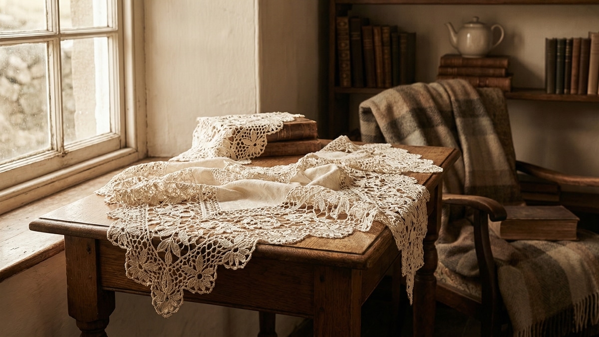Cena completa com renda de croche irlandes delicada sobre mesa de madeira antiga em ambiente historico com luz natural suave