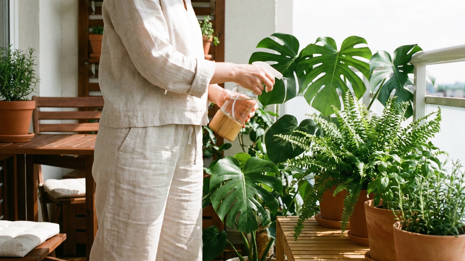 cuidado com plantas em alta resolução, capturando a sensação de proteção e bem-estar enquanto uma pessoa borrifa solução natural em folhas verdes brilhantes