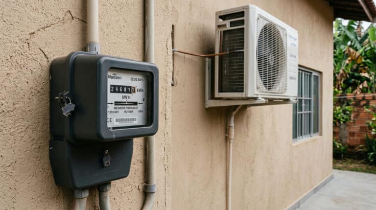 Ar-condicionado ligado por 8 horas com controle remoto e medidor de energia