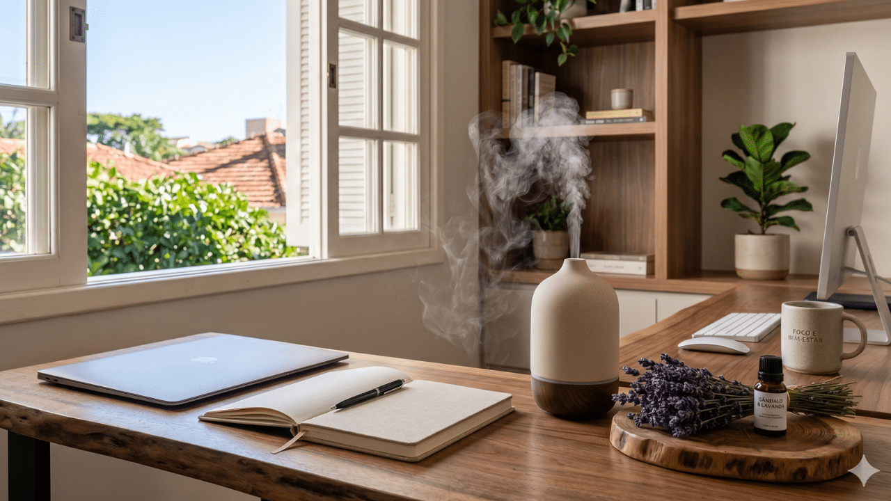 Difusor de lavanda em ambiente de trabalho