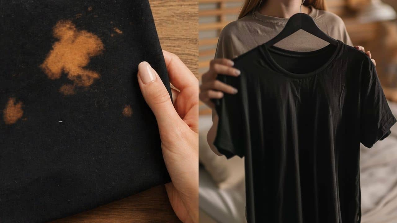 Antes e depois de roupa manchada com água sanitária