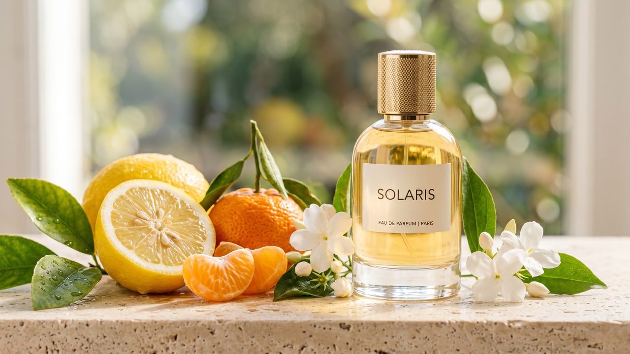 frasco de perfume com elementos naturais que representam fragrâncias solares, incluindo limão siciliano, tangerina, flores brancas de jasmim e folhas verdes,