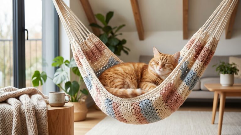 Gato relaxando confortavelmente em rede de descanso feita em croche artesanal, suspensa em apartamento moderno com decoracao integrada