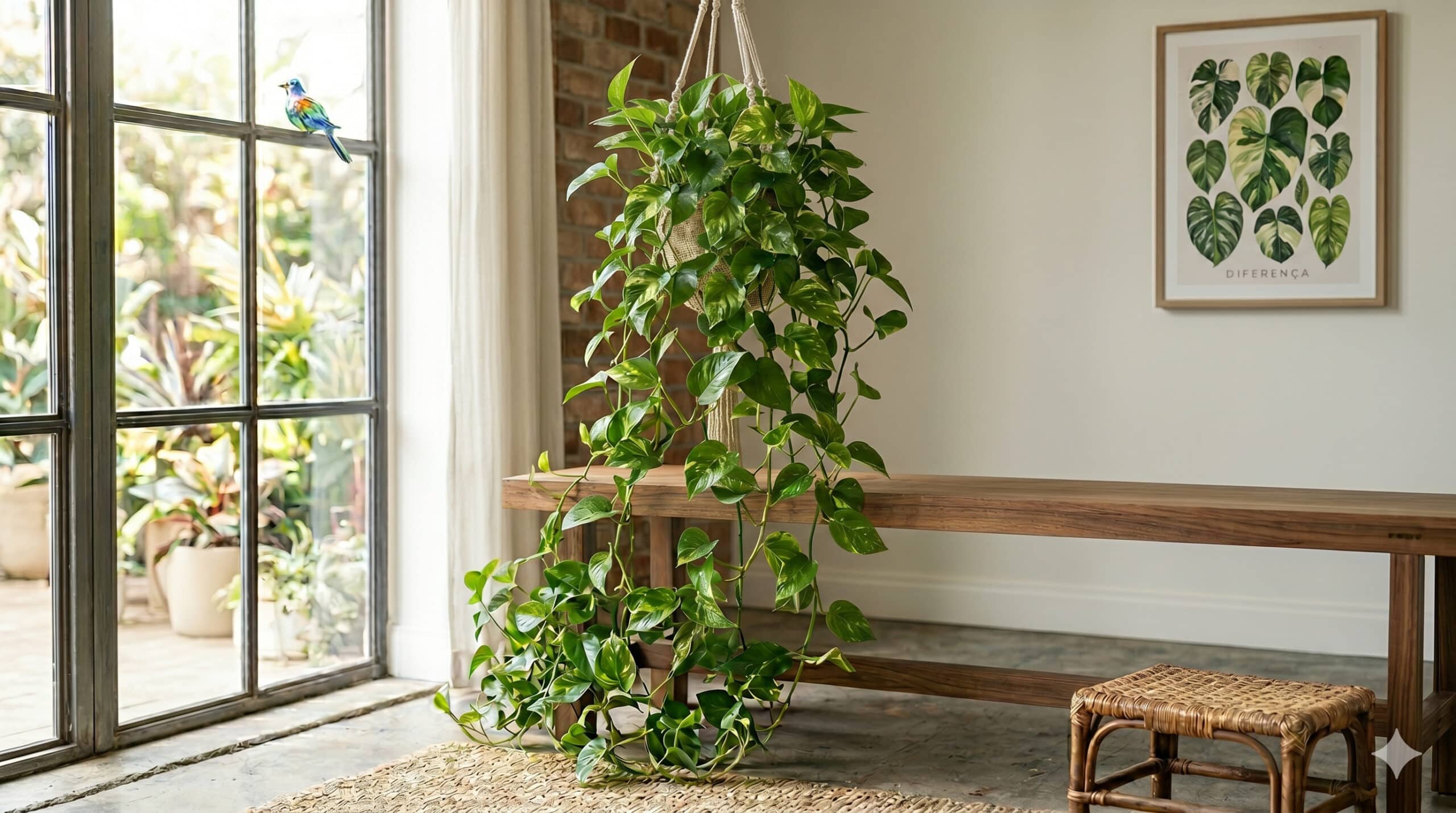 Jiboia cheia e saudável com folhas verdes densas em ambiente interno decorado.
