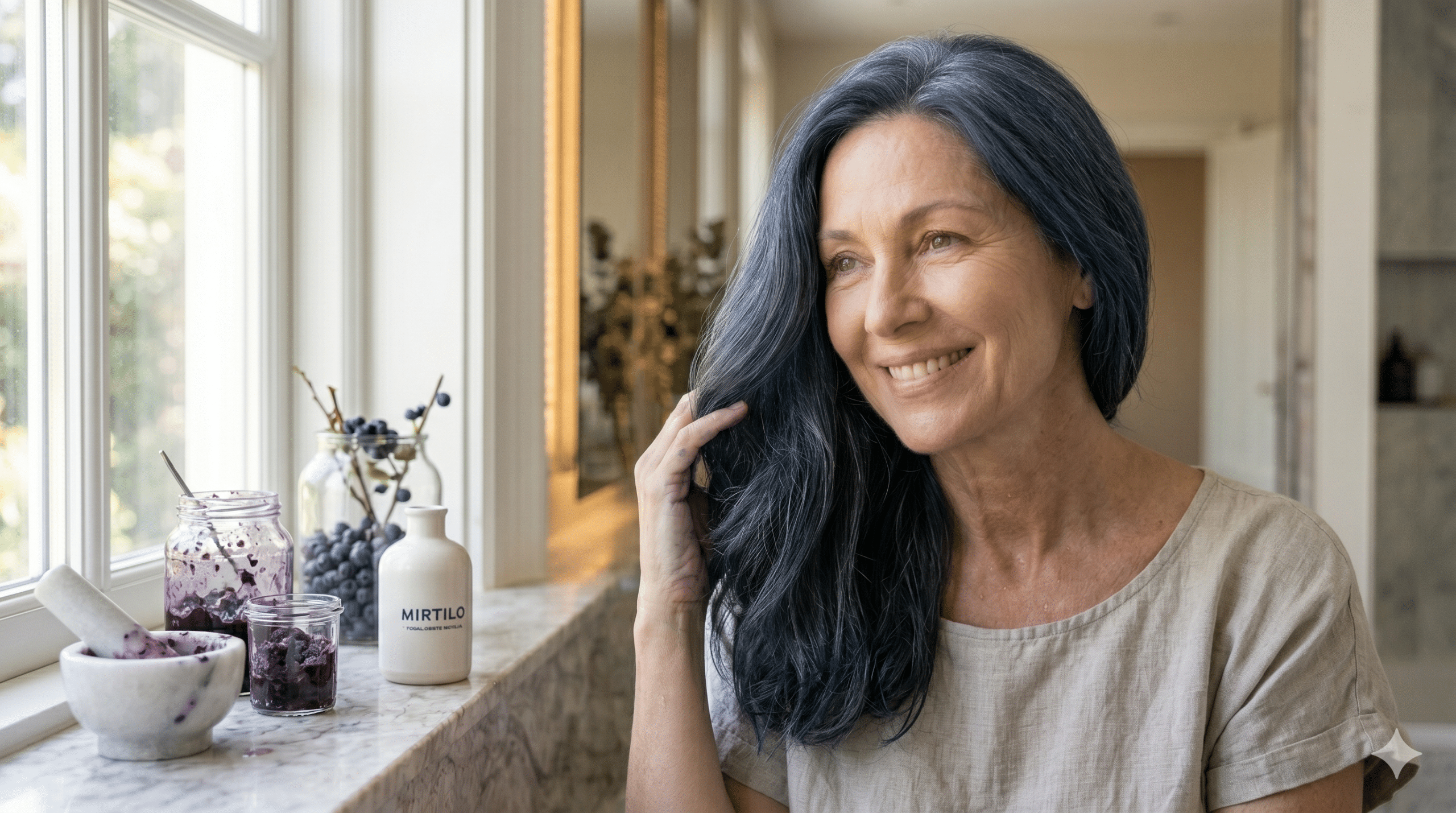 Mulher madura ocm cabelo tingido com mertilo