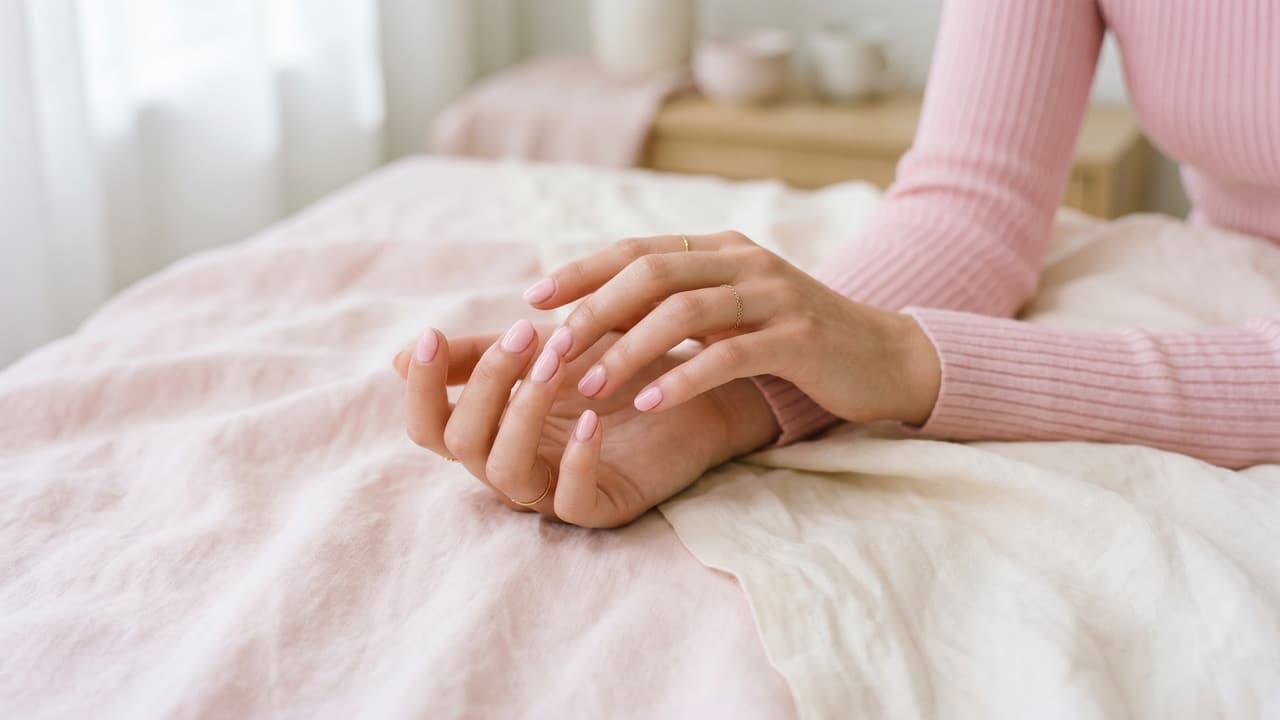 Mãos femininas com unha pintada rosa bebê