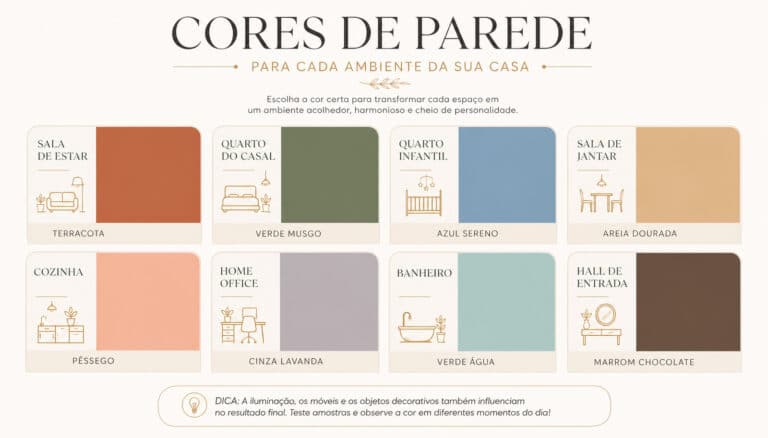 Infográfico com tendências de cores de parede 2026 e dicas de combinação com iluminação.