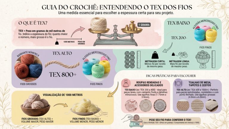 Infografico educativo sobre medida TEX em fios de croche, comparando fios grossos e finos com explicacoes sobre peso e metragem