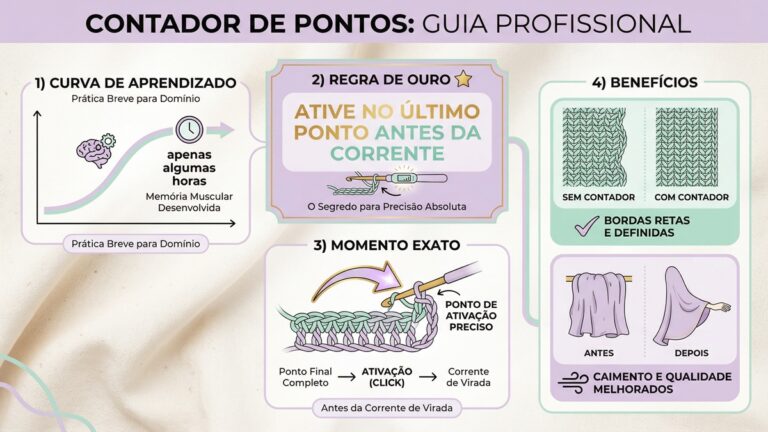 Infografico educativo sobre uso de contador de pontos em croche com guia passo a passo e regra de ouro