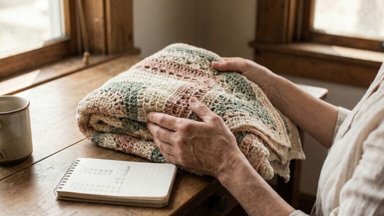 Maos de artesa segurando peca de croche pronta com caderno de calculos, evidenciando o momento de inseguranca ao definir preco justo