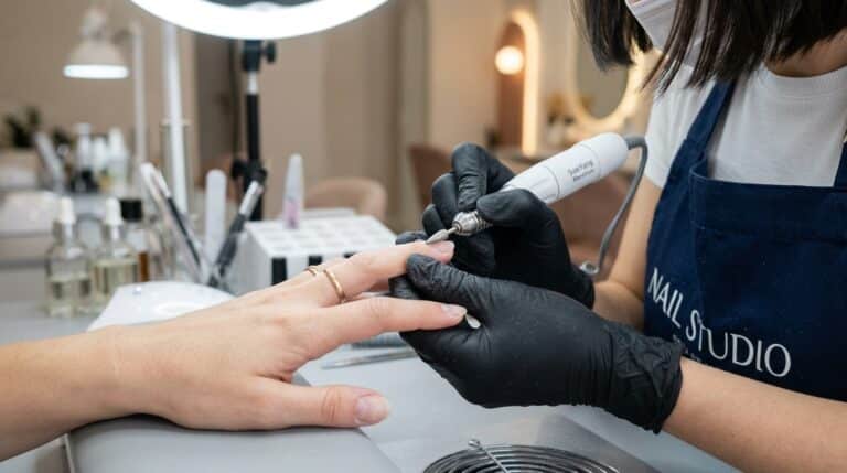 Manicure realizando a técnica russa com micromotor