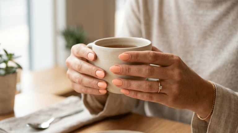 mulher com xicara na mão e esmalte cor pêssego suave