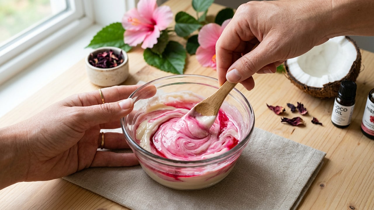 mãos femininas misturando creme natural