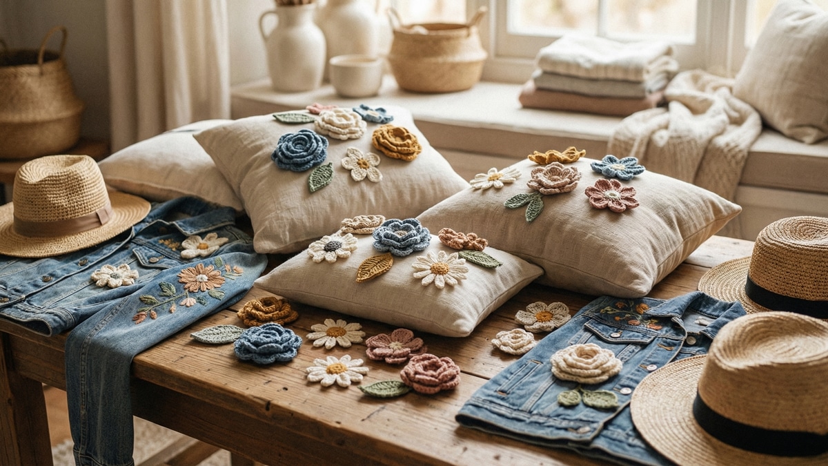 Mesa de trabalho artesanal com flores de croche em aplicacao sobre almofadas e tecidos decorativos em tons variados