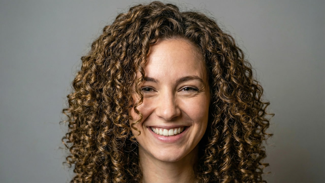 Mulher com cabelo cacheado sorrindo