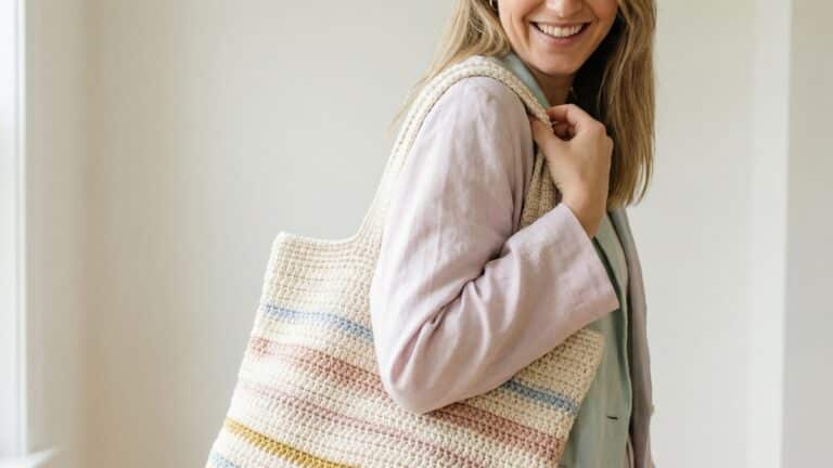 Mulher sorrindo segurando bolsa tote bag de croche bege, estilo artesanal elegante com luz natural