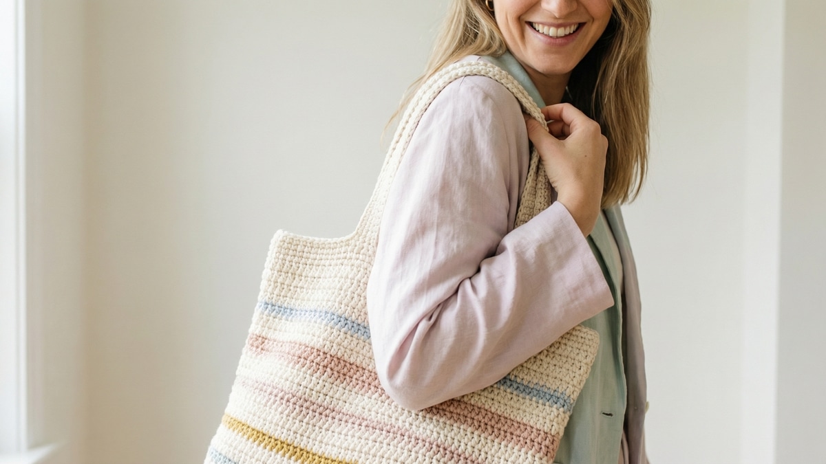 Mulher sorrindo segurando bolsa tote bag de croche bege, estilo artesanal elegante com luz natural