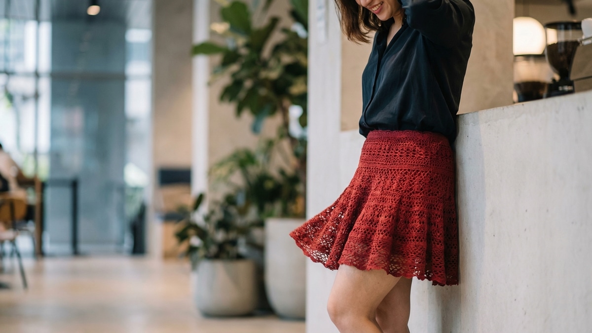 Mulher em ambiente urbano usando saia curta de croche vermelha artesanal com textura rendada e caimento fluido