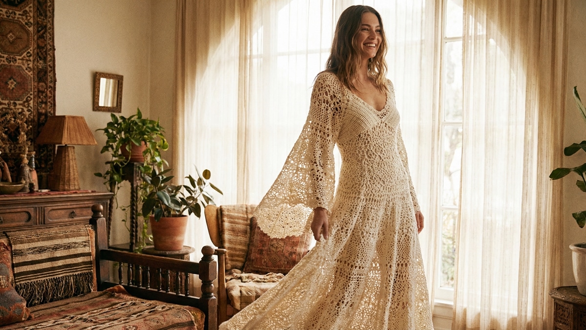 Mulher usando vestido de croche artesanal em tons neutros com caimento elegante em ambiente com luz natural suave