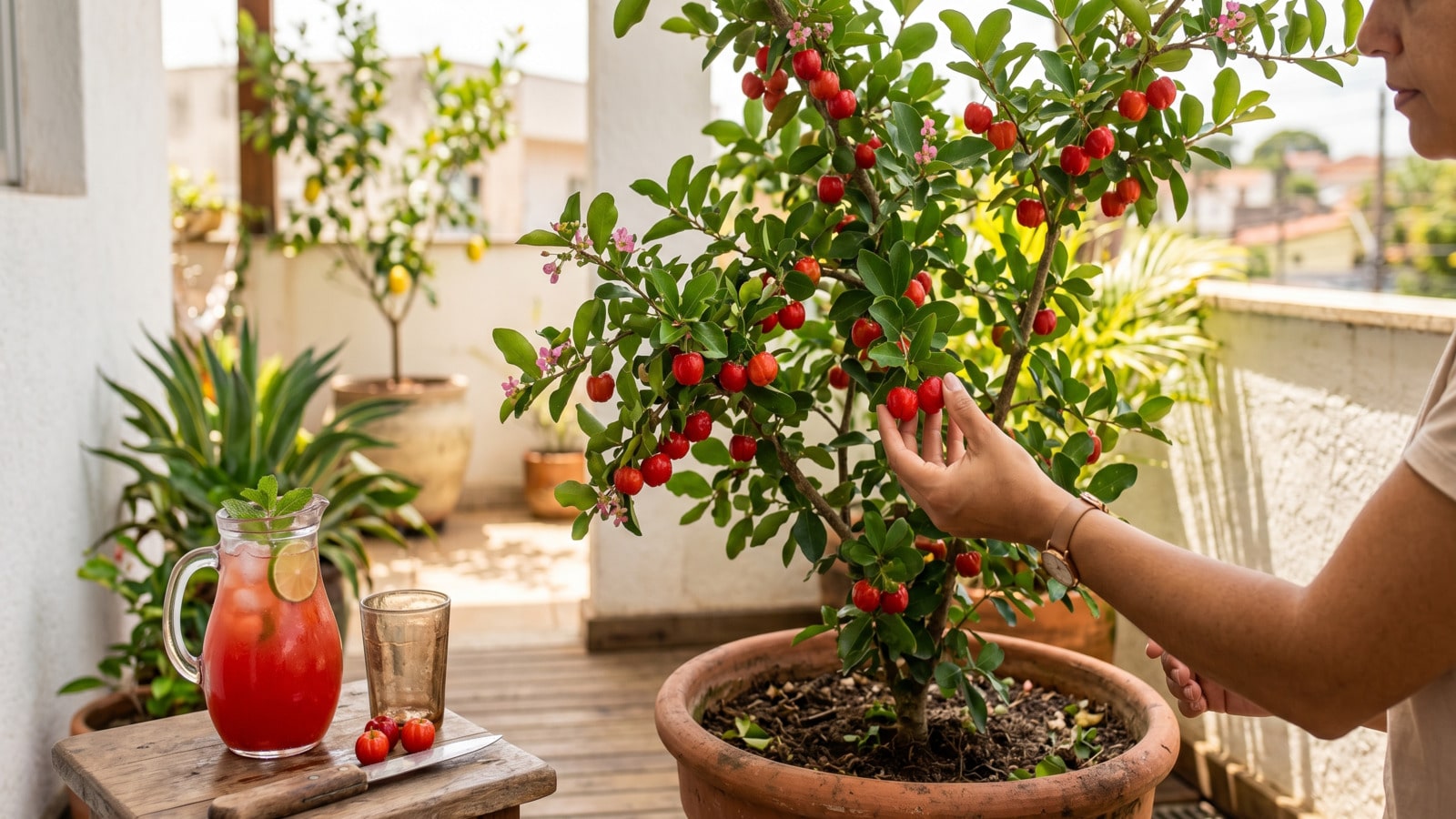 Pé de acerola e jarra de suco ao lado do vaso com a planta em jardim caseiro