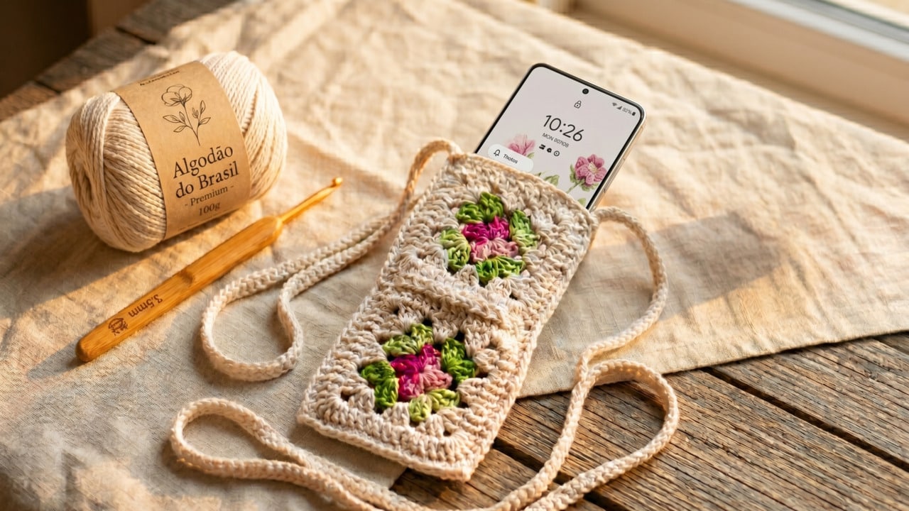 Proteja sua tela com o porta-celular de crochê com squares: passo a passo completo + PDF