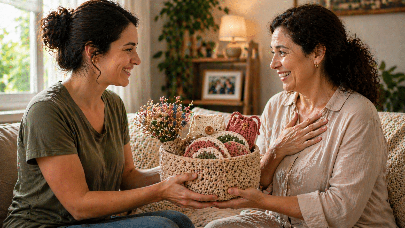 presente de crochê sendo entregue para mãe com cesta artesanal em ambiente aconchegante