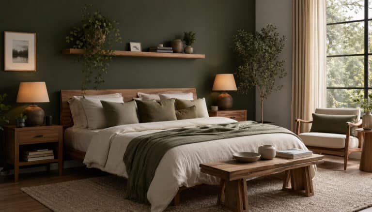 Quarto elegante com parede verde musgo criando ambiente relaxante e moderno.