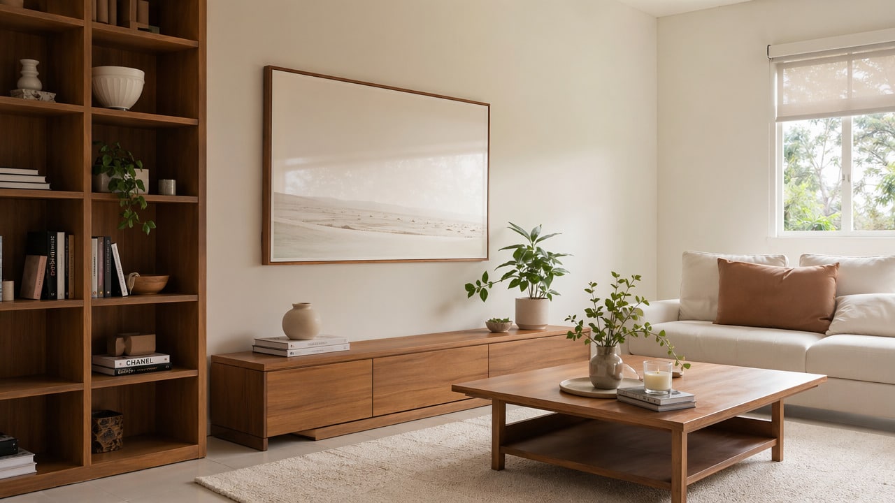 Sala moderna com moveis de madeira e parede clara