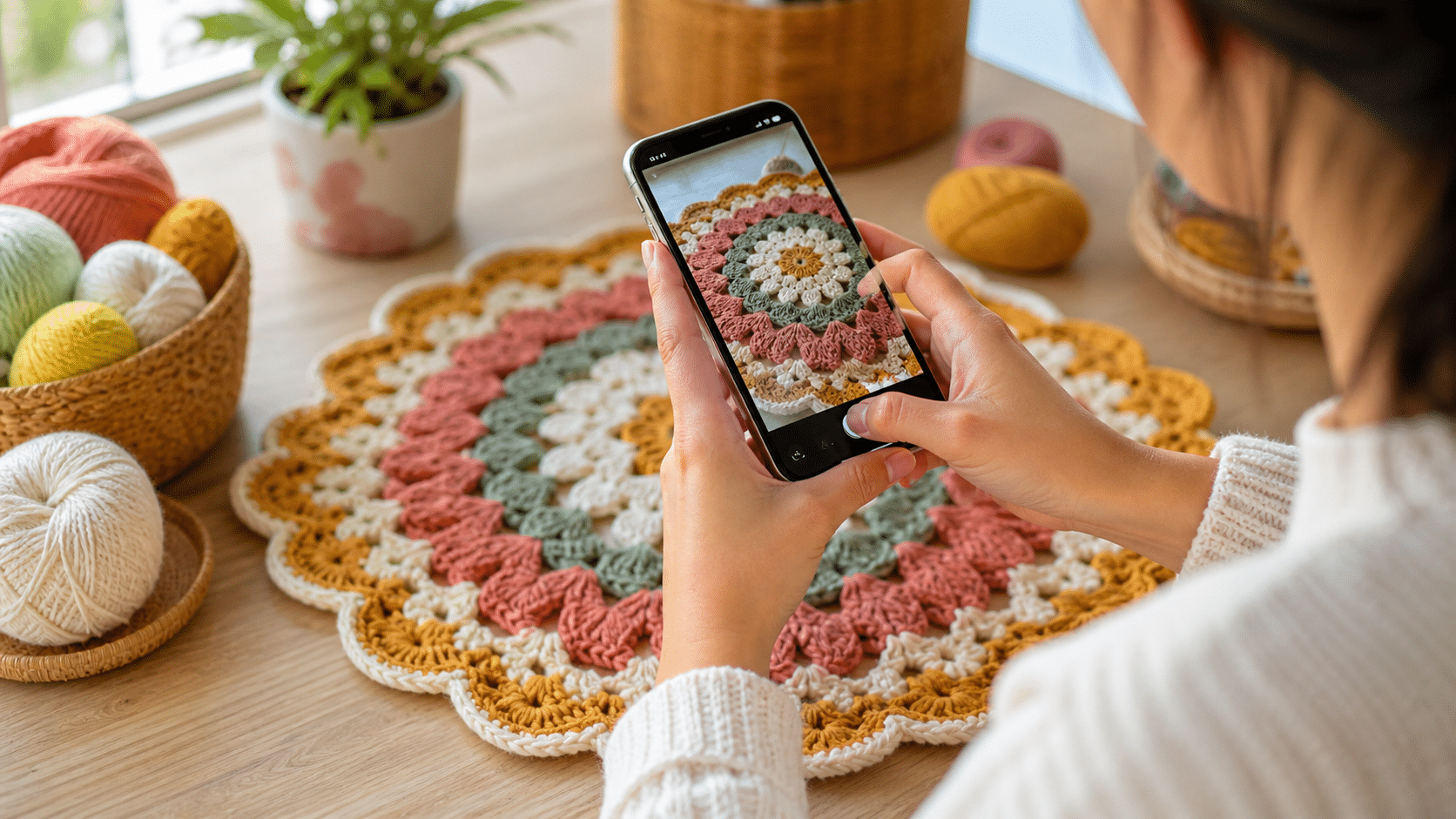 Artesã usando smartphone para fotografar peça de crochê colorida, destacando textura dos pontos e fidelidade das cores em ambiente iluminado