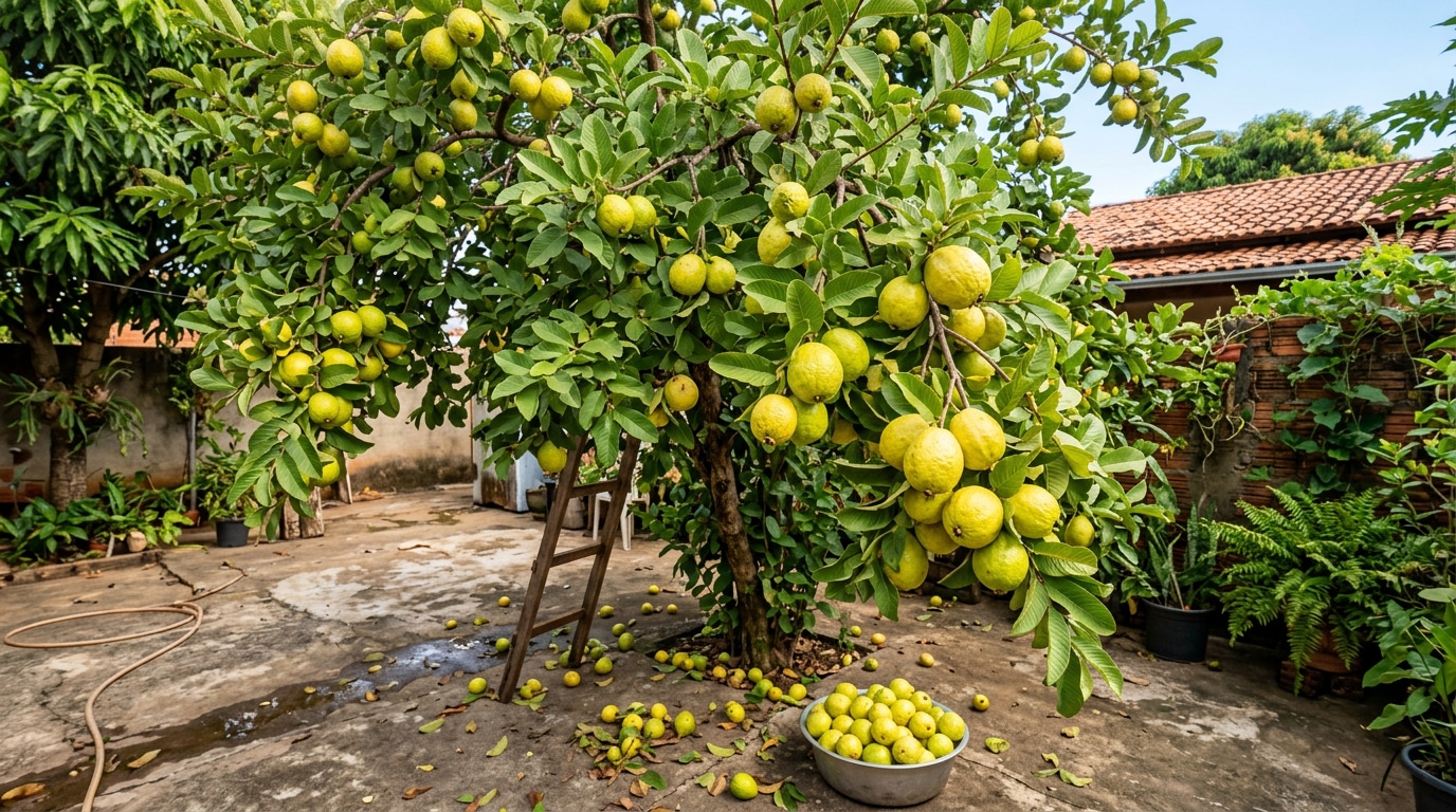 Pé de goiaba com muitos frutos maduros em quintal residencial