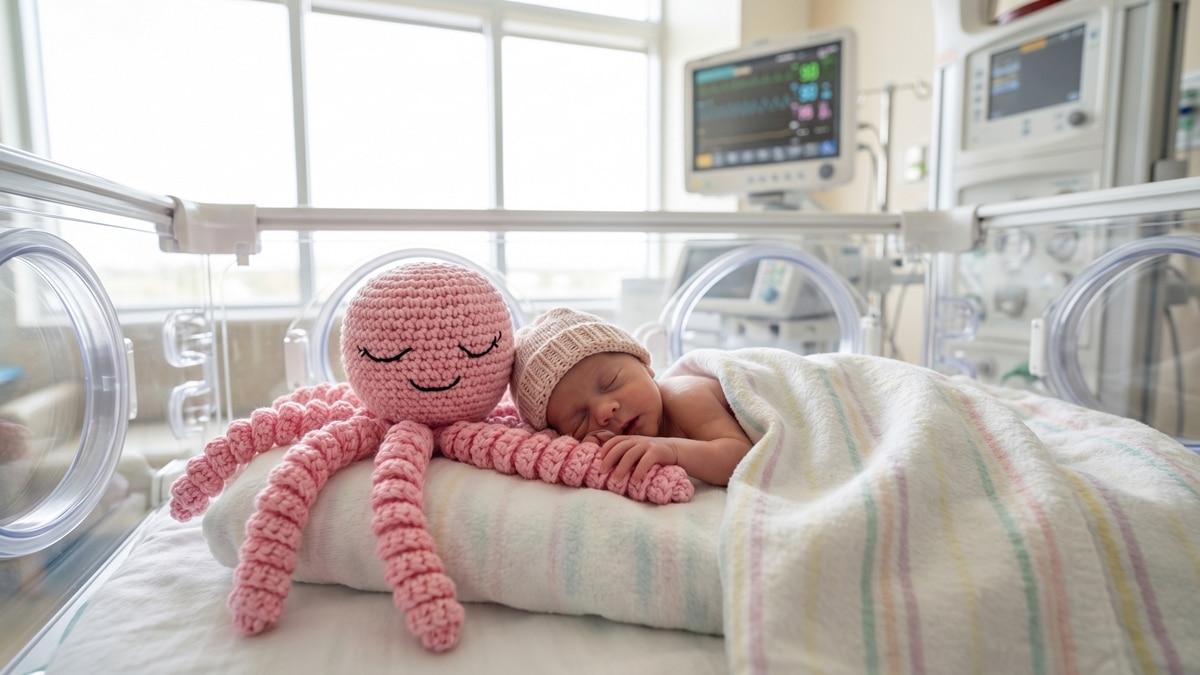 Polvinho de croche rosa bebe ao lado de bebe prematuro em incubadora de UTI neonatal, projeto terapeutico de medicina humanizada