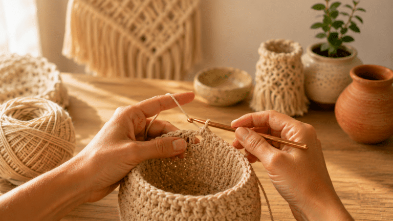 Mãos fazendo crochê com agulha dourada em ambiente artesanal aconchegante com detalhes em macramê e cerâmica ao fundo.