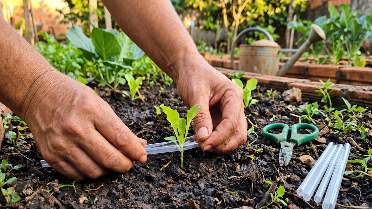 Adaptando canudos de plástico para proteção de mudas na horta