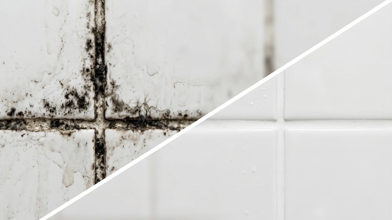 Antes e depois do rejunte do azuleijo do banheiro após aplicação de mistura caseira