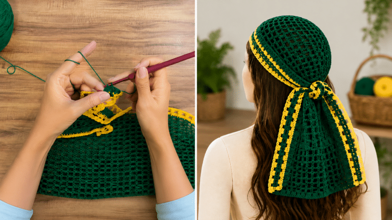 Bandana de crochê verde e amarela inspirada nas cores do Brasil, confeccionada com ponto tela e acabamento artesanal.