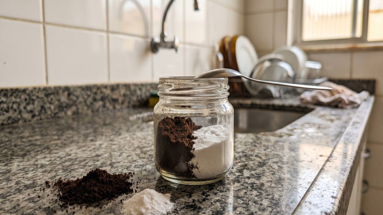 Borra de café com bicarbonato de sódio em pote de vidro sobre pia da cozinha